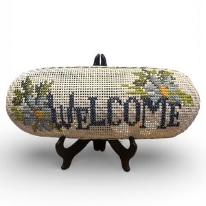 Welcome woven needlepoint -cross stitch basket for wall or door- Unique 7x17